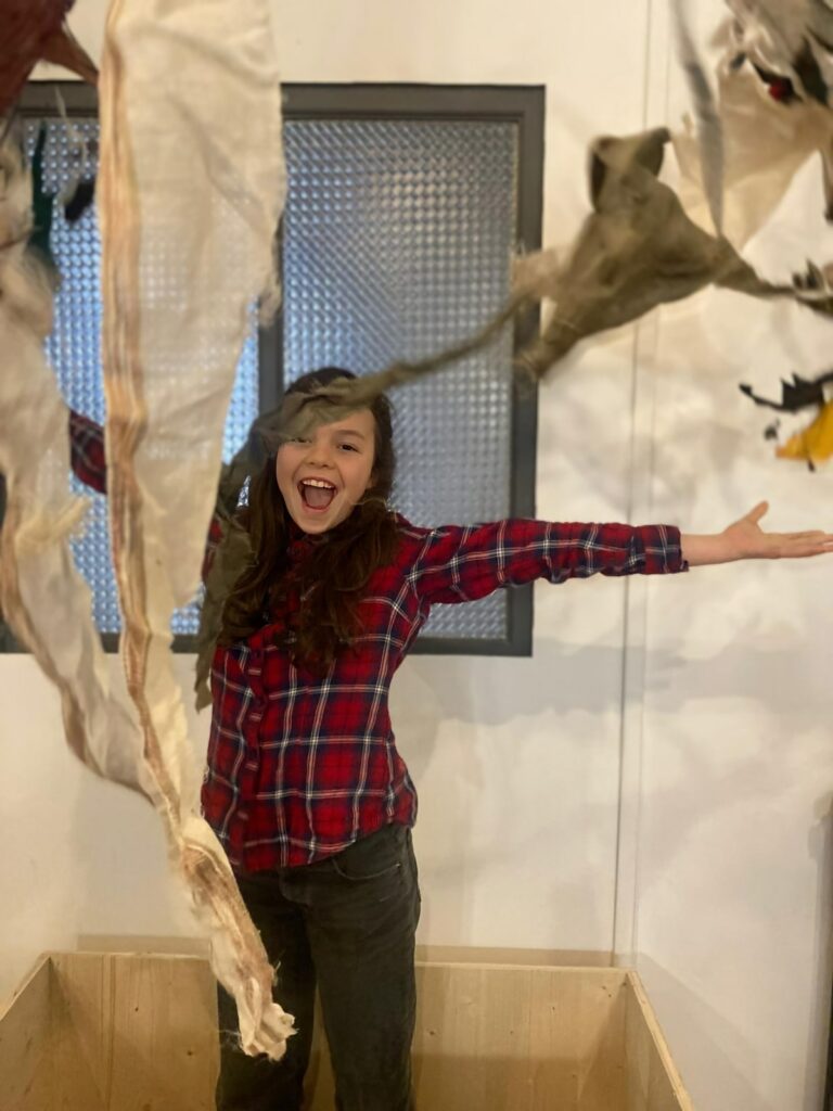 une jeune fille portant des cheveux long et une chemise rouge à carreaux lance des tissus en l'air en faisant un grand sourire