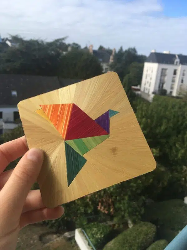 un oiseau arc en ciel en marqueterie de paille